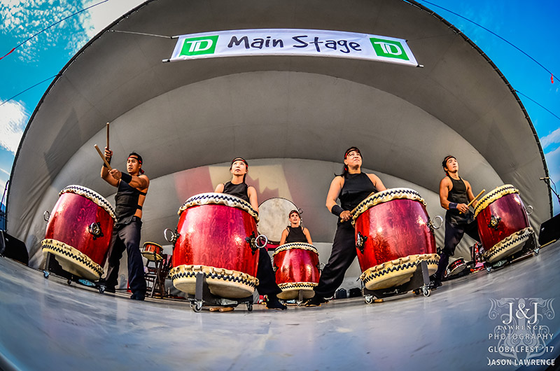 A fisheye photograph of Midnight Taiko performing at GlobalFest