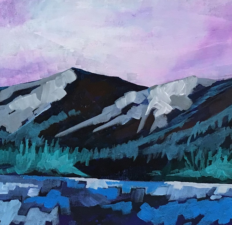 A painting of a mountian with purple skies