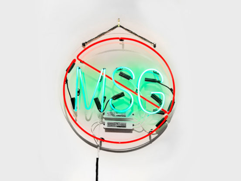 Shellie Zhang's No MSG (In Memory of Lee Garden) is a neon sign with MSG crossed out by a red circle and line