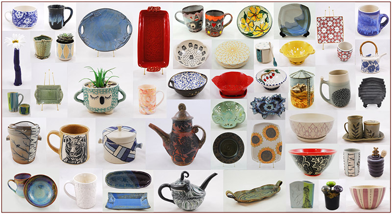 A collage of pieces at the Mount Pleasant Potters’ Guild Fall Pottery Market