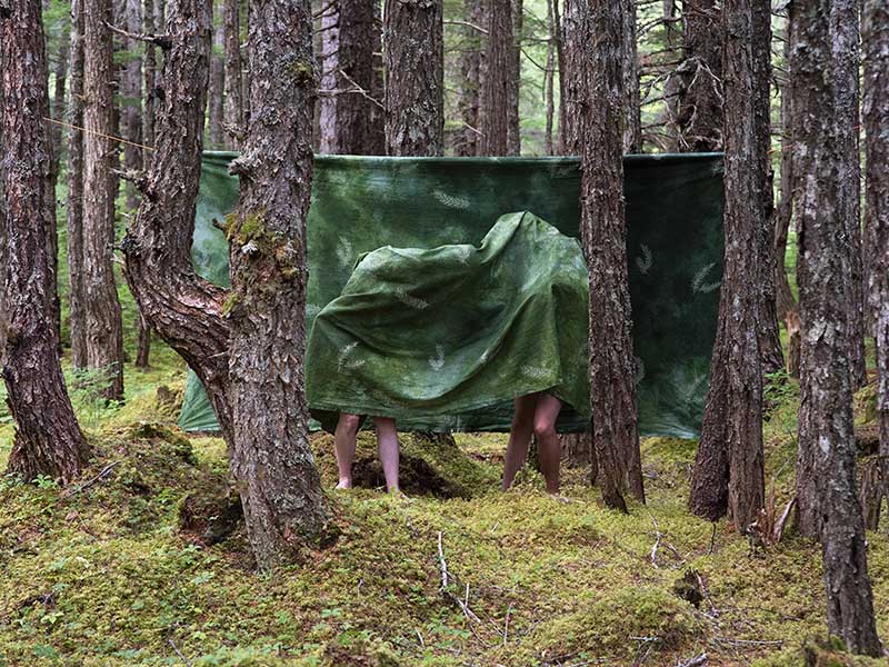 A photo of people in the woods under a drop cloth