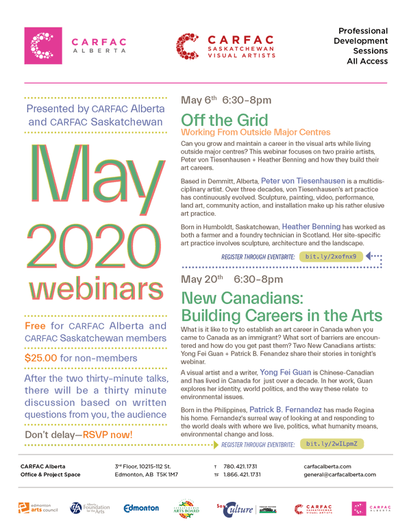 A poster promoting CARFAC Alberta's May 2020 Webinars