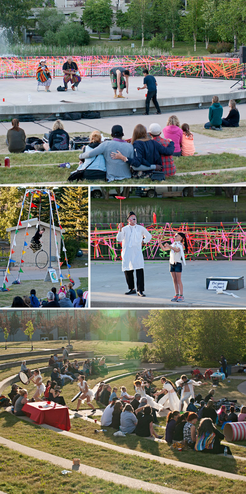 AFTER A FRIENDLY GROUP DINNER, VARIOUS PERFORMANCES AND VIGNETTES WERE SHOWN ON THE MOUNT ROYAL UNIVERSITY AMPHITHEATRE STAGE INCLUDING A NEW WORK FROM JUSTIN MANYFINGERS (TOP), AN AERIAL DANCE FROM JESSICA BARRERA (MIDDLE LEFT), A CLOWN PIECE FROM DEAN BAREHAM (MIDDLE RIGHT), AND AN EXCERPT FROM LA CARAVAN DANCE THEATRE’S LATEST CREATION, FIHI MA FIHI (BOTTOM) | PHOTOS: AMY JO ESPETVEIDT