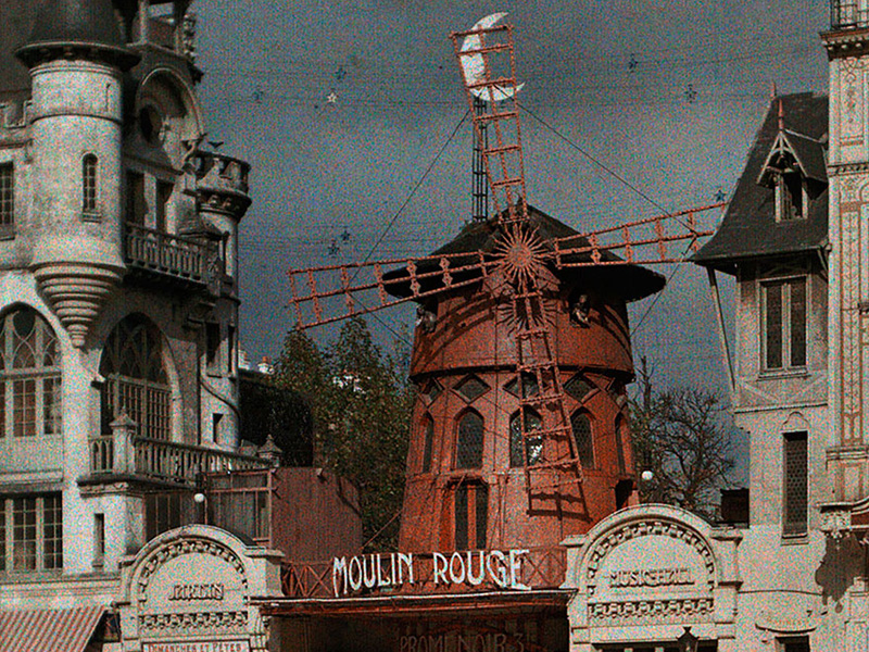 A painted vintage postcard of Moulin Rouge