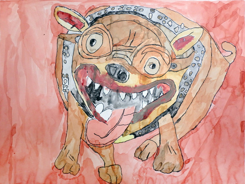 A bright and colourful painting of a bulldog.