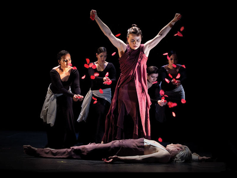 A flamenco dancer throws rose petals over a body