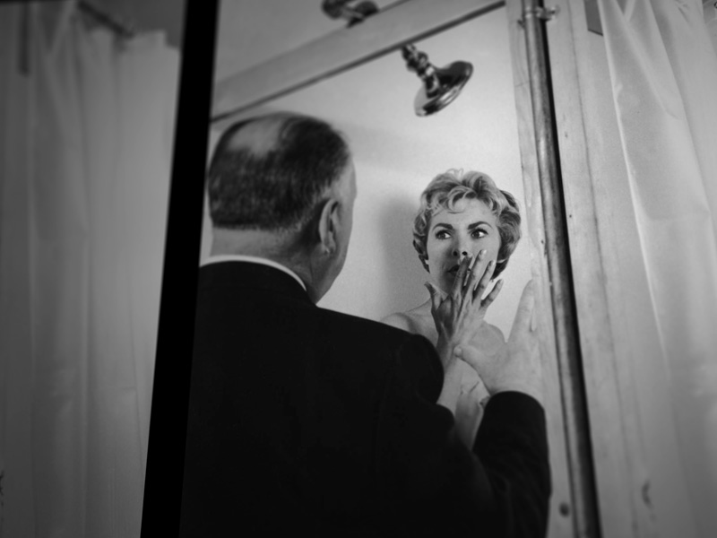 Still from 78/52, Janet Leigh takes direction from Alfred Hitchcock