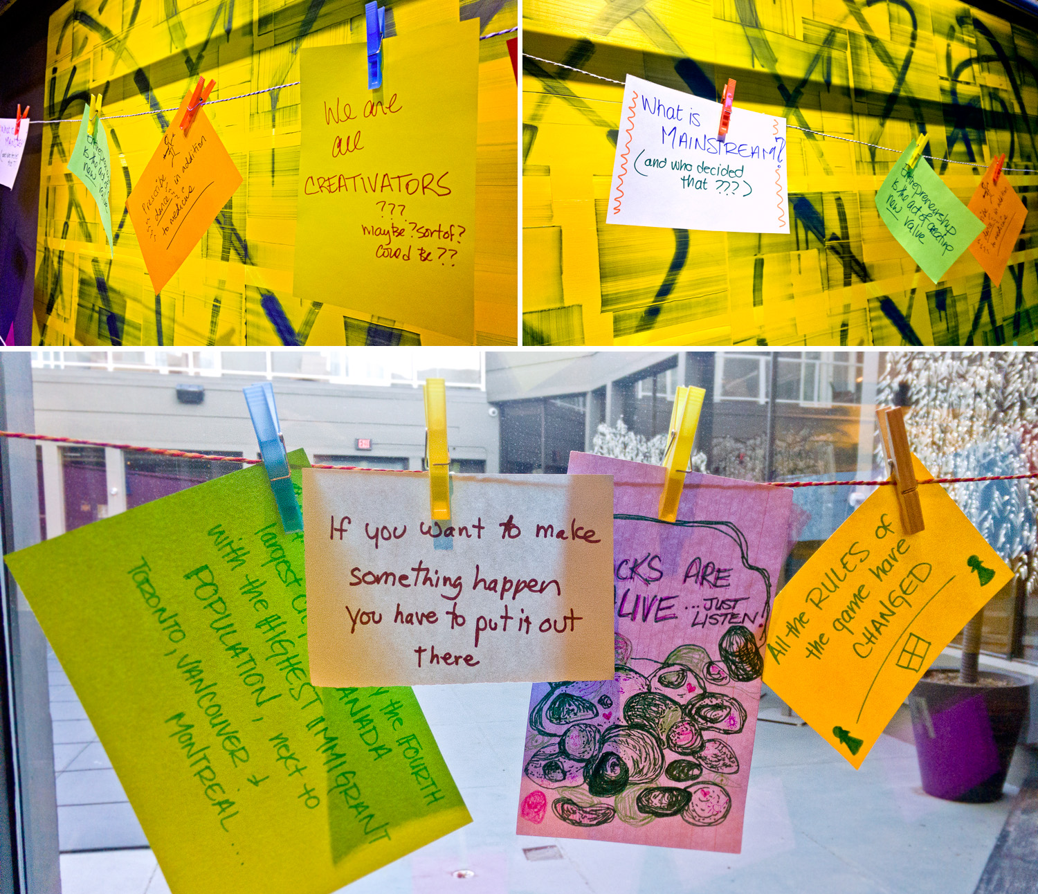 Participants at the Creative Calgary Congress add their messages to the clothesline