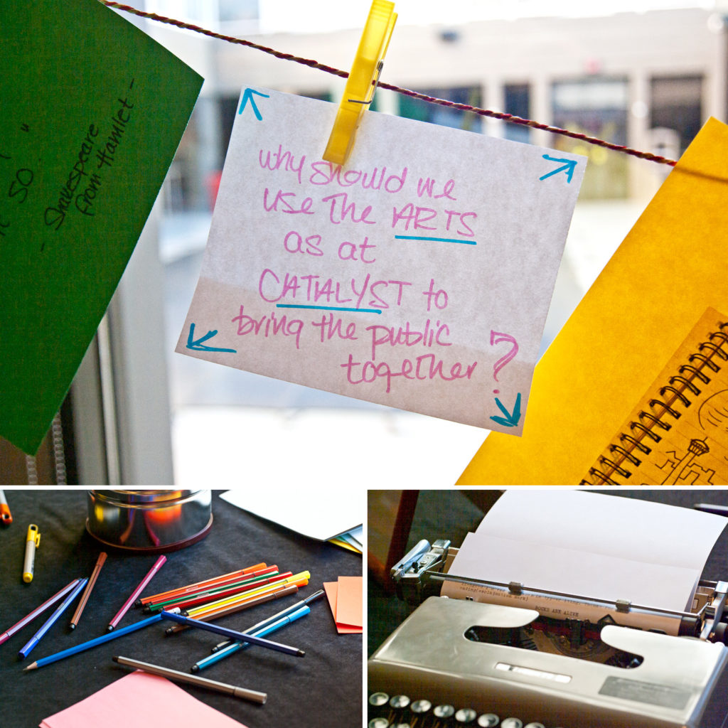 Participants at the Creative Calgary Congress add their messages to the clothesline