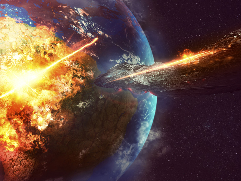 An illustration of a spaceship exploding above a planet