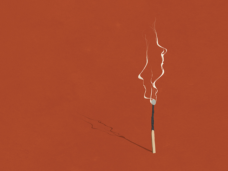 An illustration of two faces forming out of the smoke from a single match