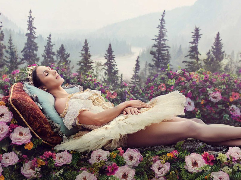 A ballerina lays in a filed of flowers in front of a mountain landscape