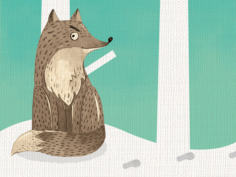 An illustration of a wolf looking at footprints in the snow