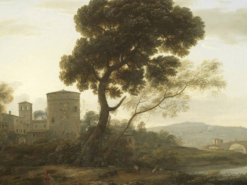 An illustration of a tree, a castle, and a bridge