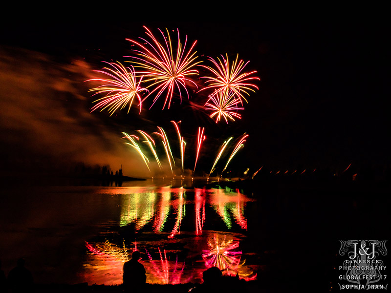 Fireworks reflect in water as part of the GlobalFest program