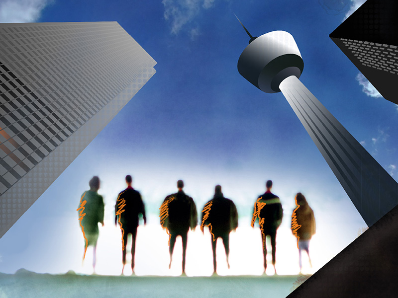 An illustration of people standing under the Calgary Tower and tall dowtown buildings