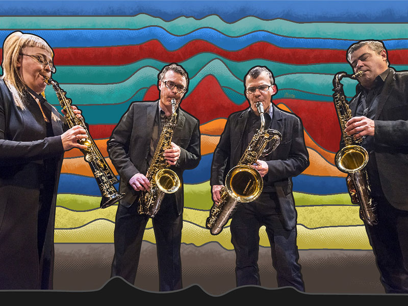 A graphic of the Quasar Saxophone Quartet