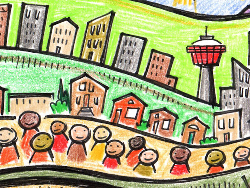 A drawing of the city of Calgary skyline with people and houses