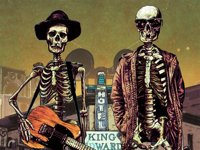 A graphic of two skeletons in front of the King Edward Hotel neon sign