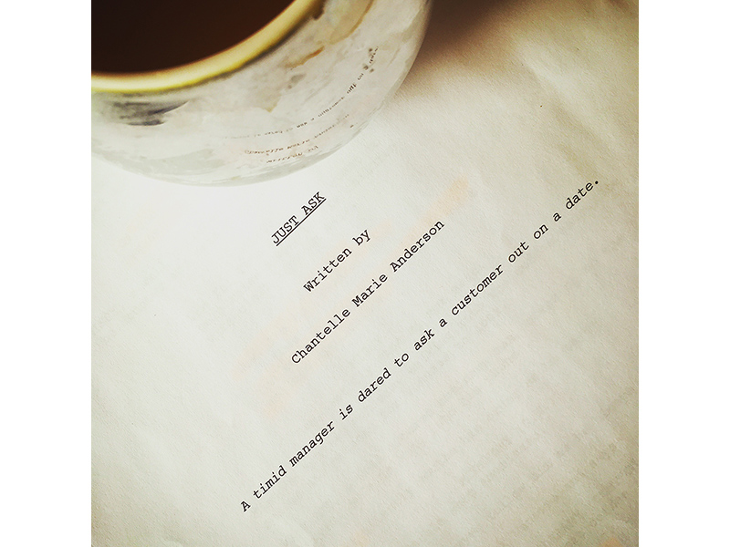 A photo of a coffee cup sitting on a script of Just Ask