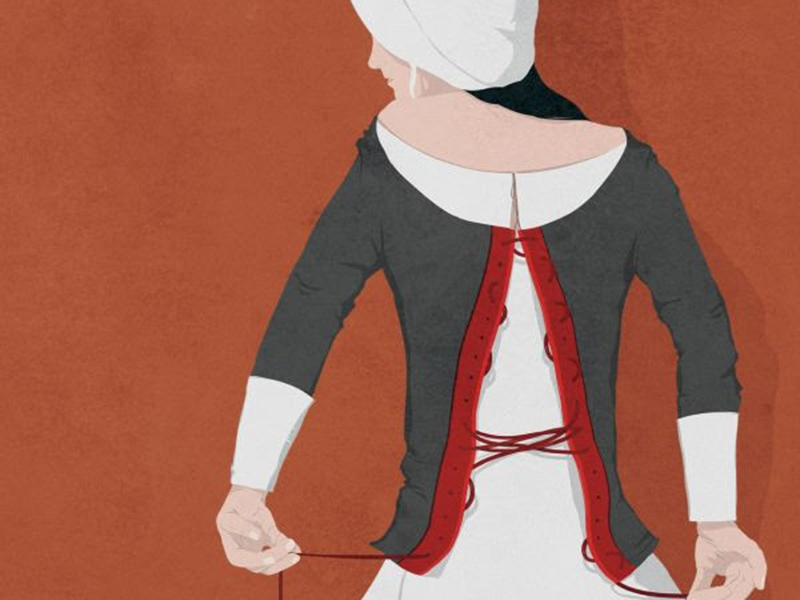 An illustration of Hester Prynne tying up a bodice with a scarlet A juxtaposed in the garment