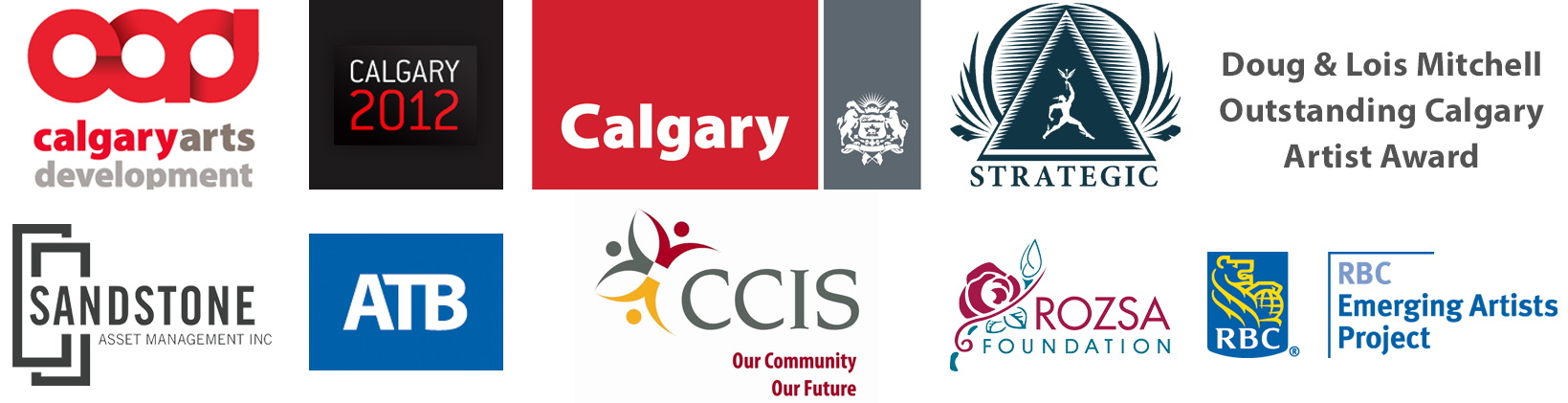 Logos – Calgary Arts Development, Calgary 2012, The City of Calgary, Strategic Group, Sandstone Asset Management Inc, ATB Financial, CCIS (Calgary Catholic Immigration Society), Rozsa Foundation, RBC Emerging Artist Award, 
