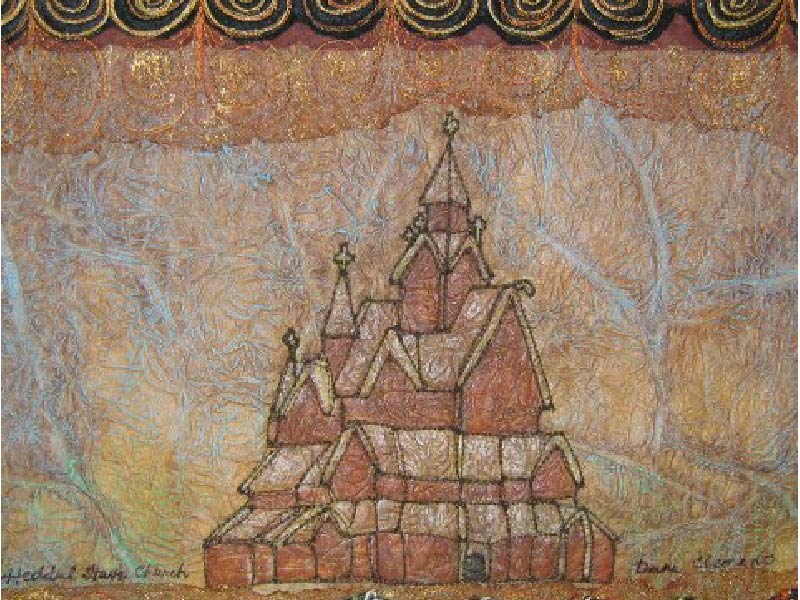 An image of Heddal Stave Church fibre art by Donna Clement