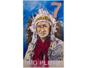 Kim's painting of indigenous man with text big plume