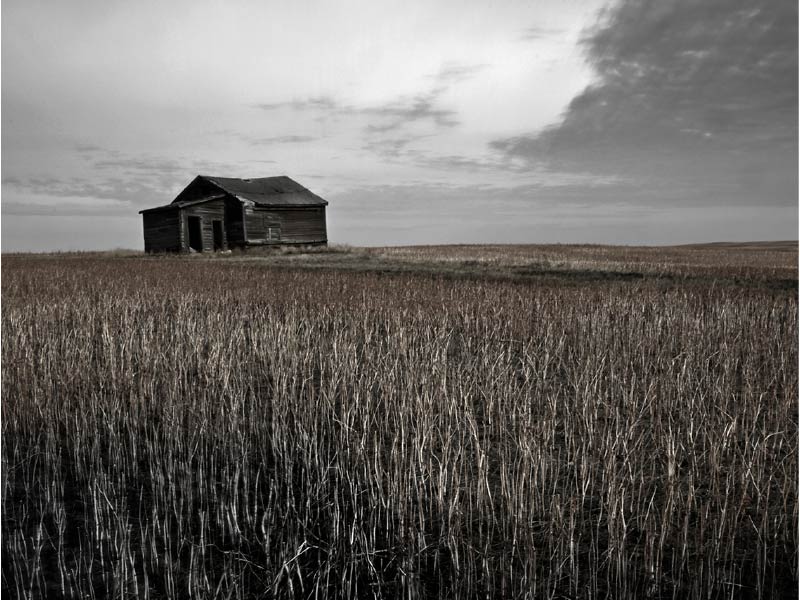 Wooden barn in open plain and grey skies