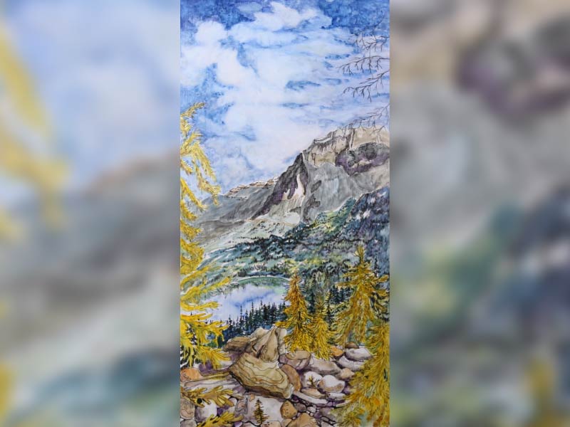 Vertical oreinted artwork of mountain landscape by Sue Bussoli