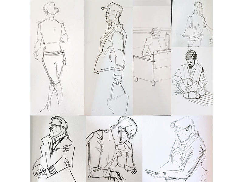 A collage of sketches depicting people in an airport