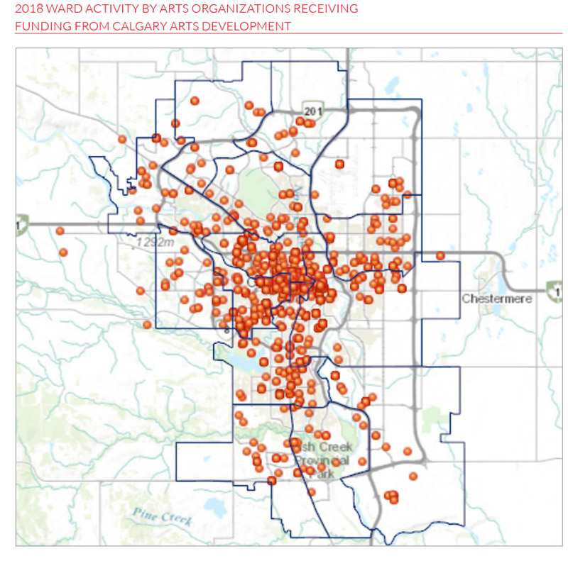 A map showing the 2018 ward activity by arts organizations receiving funding from Calgary Arts Development 