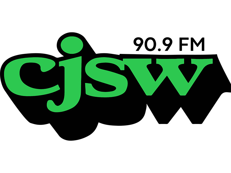 Green lettering with black shadowing reading cjsw 90.9 FM (logo)