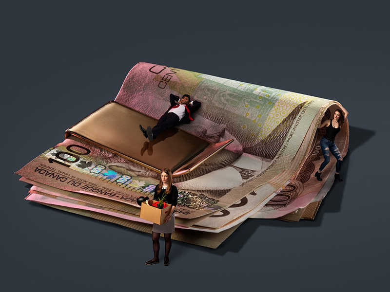A photo illustration of people standing on a roll of 0 bills