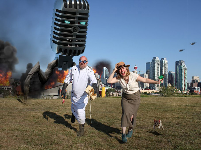 A photo illustration of people running from a giant microphone destroying the city