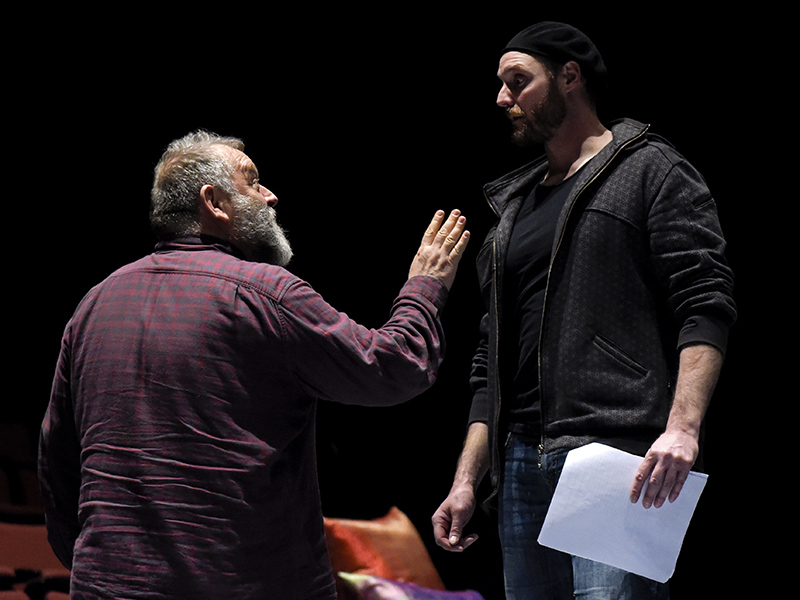 Dean Paul Gibson and David Haysom working through a scene on stage at the University of Calgary