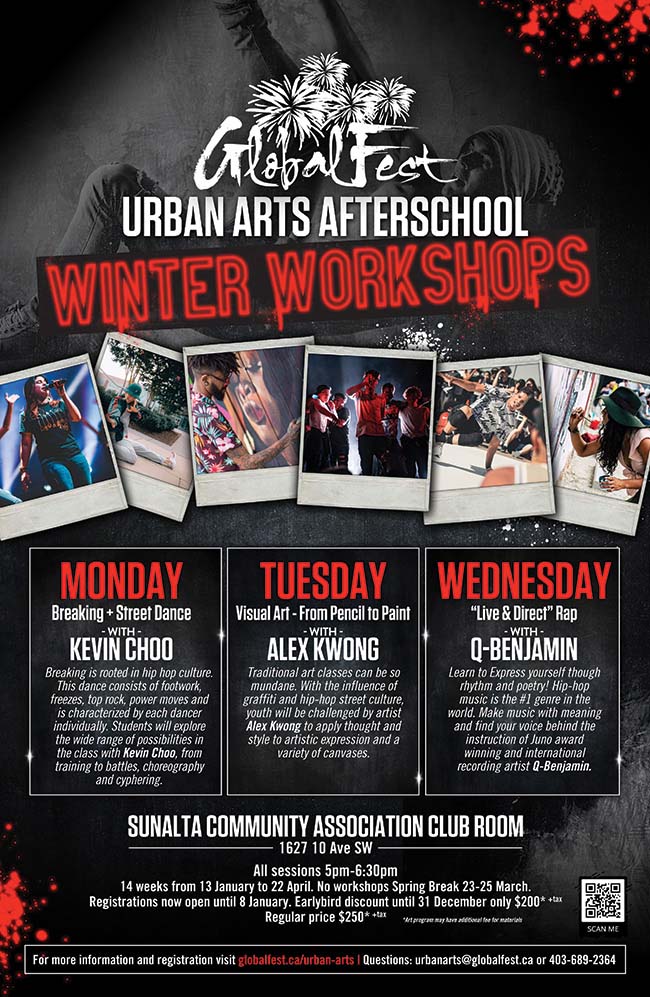A flyer for the GlobalFest Urban Arts Program winter workshops