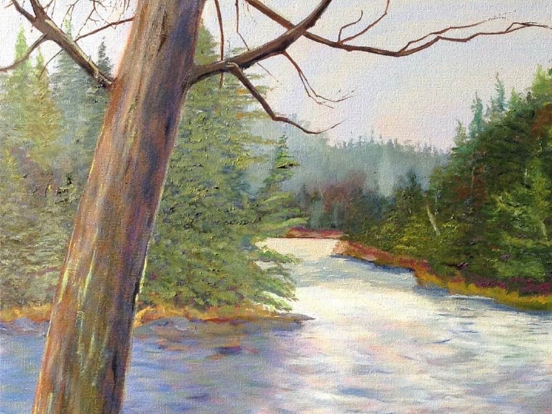Painting of tree and flowing river through pine forest