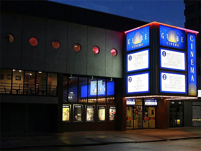 A photo of Globe Cinema exterior at night