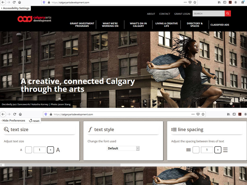 Two examples of how the accessibility widget looks on calgaryartsdevelopment.com, both collapsed and expanded