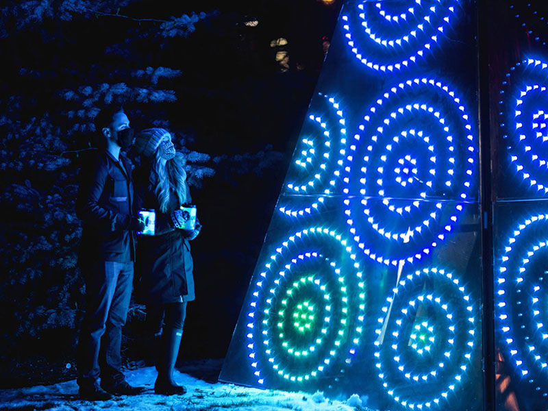 Two people look at a light up art installation in winter