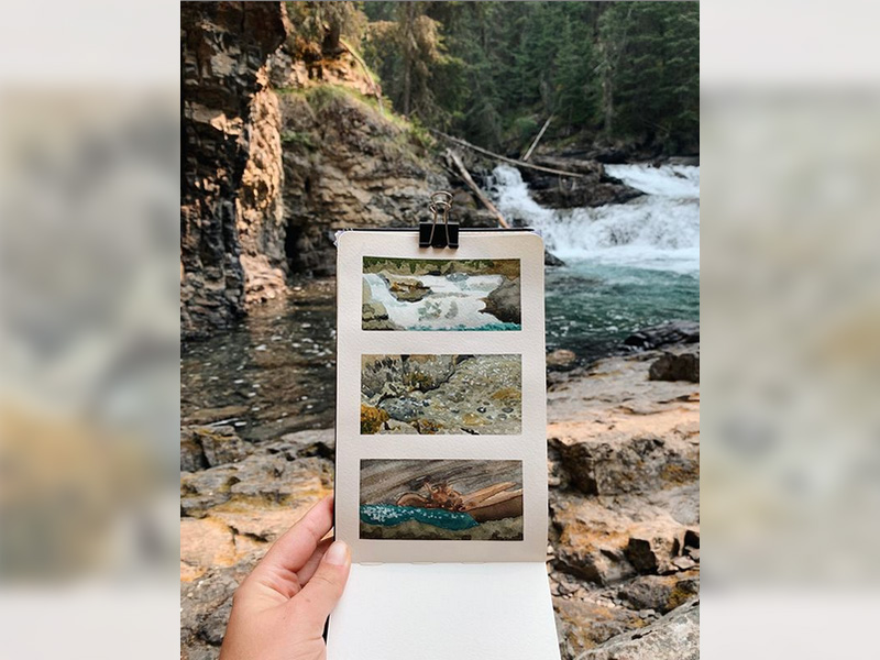 A photo of sketches made at the Johnston Canyon Upper Water Falls by Jessica Semenoff