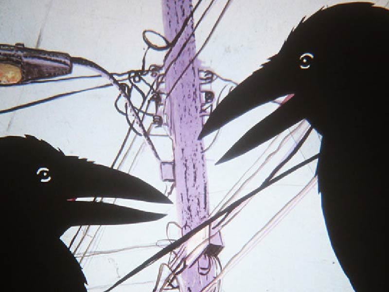 An artwork of two crows facing each other