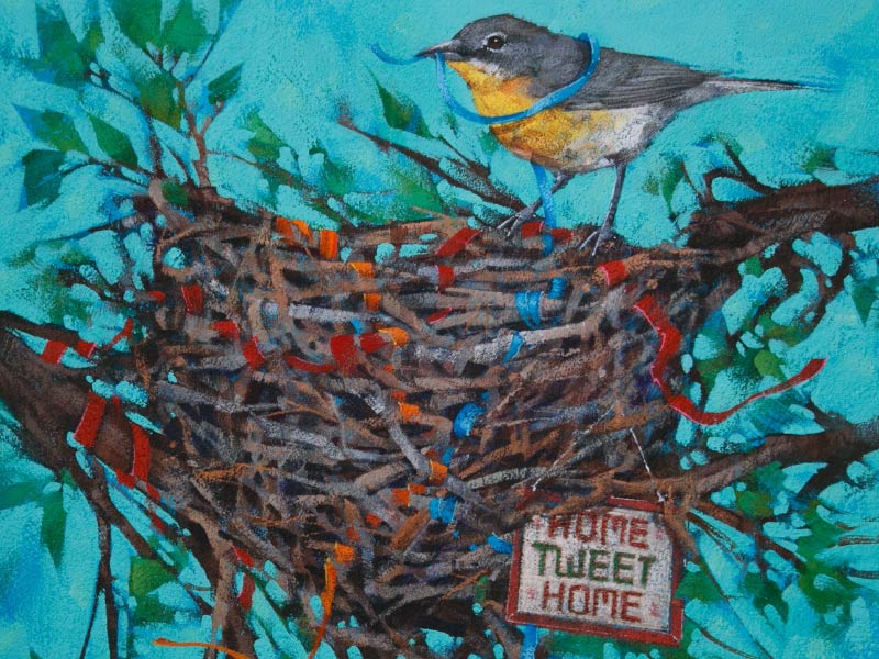 Image of painting of a bird at a nest with sign that reads "Home Tweet Home"