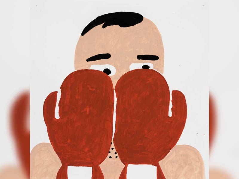 An image of drawing of person with boxing gloves held up to their face