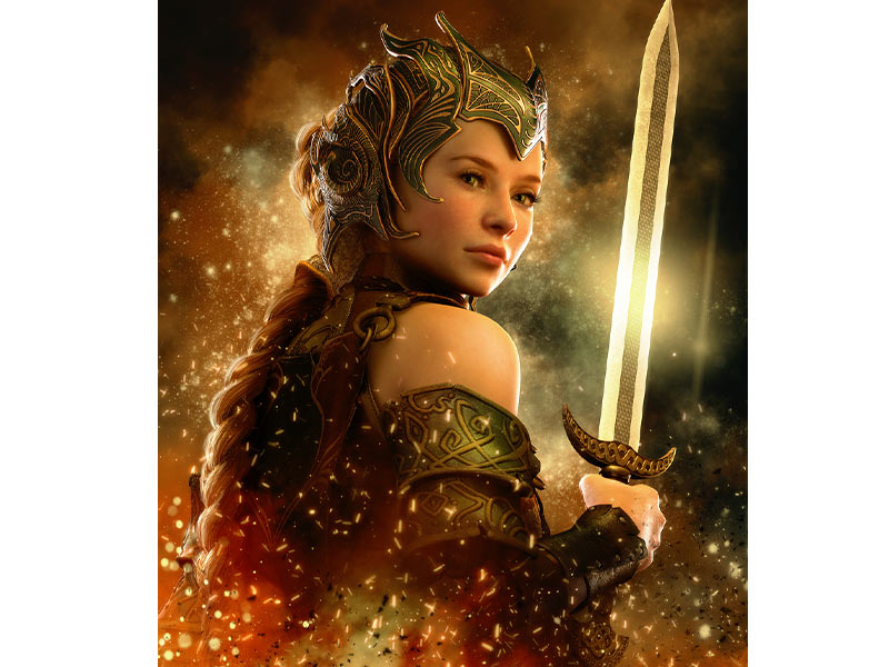 An image of artwork of a futuristic woman with sword