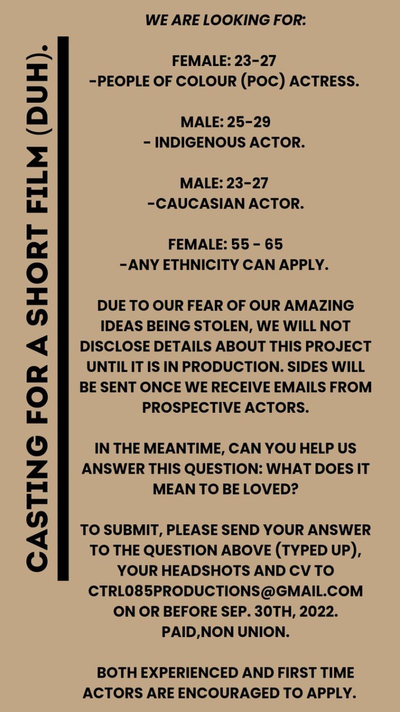 Casting for a short film | Both experienced and first time actors are encouraged to apply