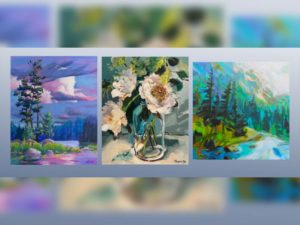 A collage of three artworks by Sharon Lynn Williams, Becky Holuk and Marjorie Mae Broadhead