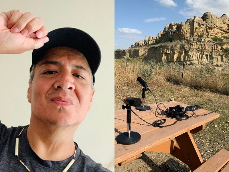 A photo of Troy Emery Twigg wearing a peaked cap next to a photo of a microphone on a picnic table with hoodoos in the background.