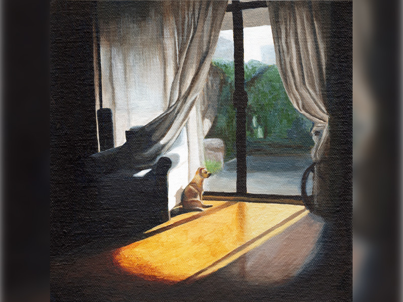 Painting of dog looking out of window